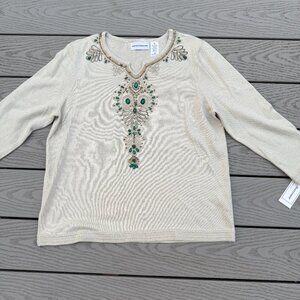 Alfred Dunner Size Med Metallic Rhinestone Bejeweled Pullover Sweater Ivory NWT